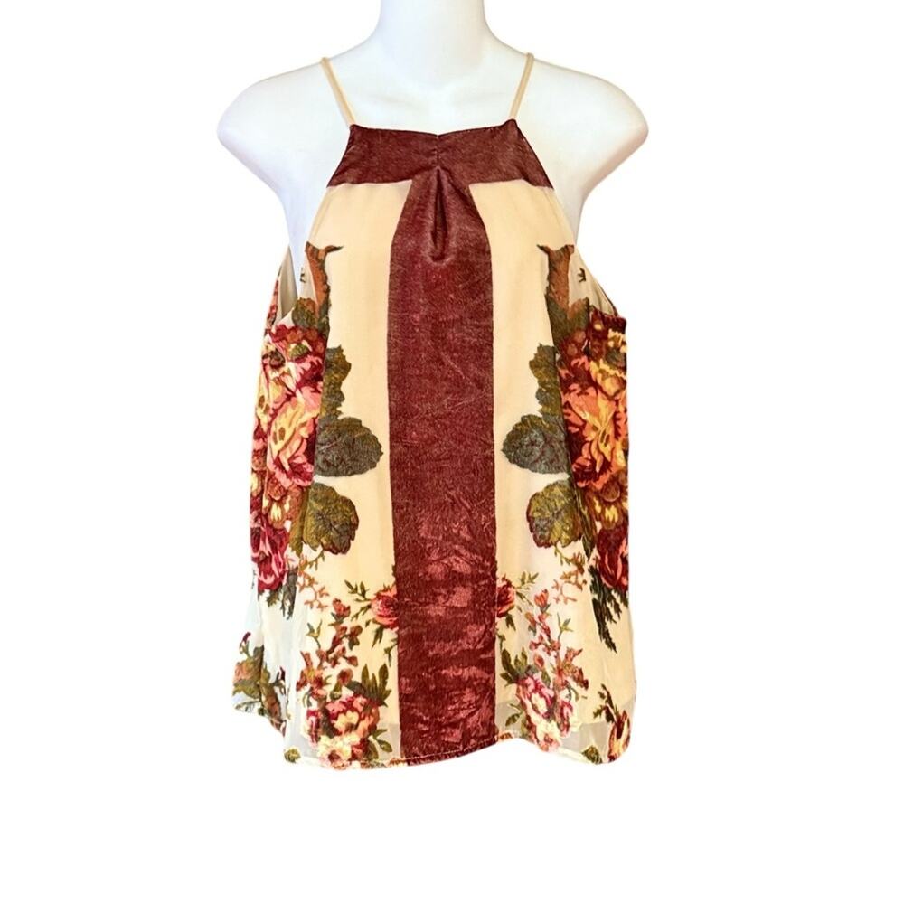 Clover & Scout Women’s Medium Floral Velvet Halter Top with Burgundy Accents